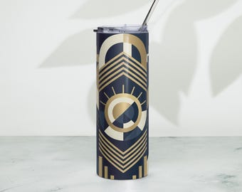 Art Deco Pattern Tumbler | Deep Navy/Gold 20oz Insulated Travel Mug