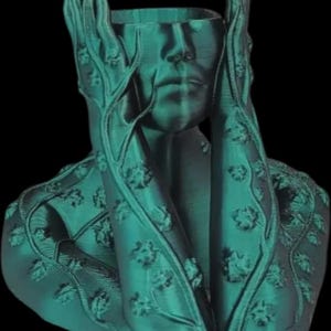 May include: A teal-colored bust sculpture with a human face and hands covering the ears. The sculpture is adorned with floral vines. The head is hollow, suggesting it could be used as a vase or planter. The background is black.
