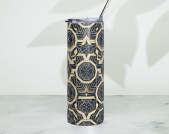 Art Deco Style Tumbler | Navy and Gold Architectural Grid 20oz Insulated Travel Mug