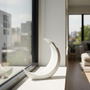 May include: A white ceramic crescent moon sculpture, positioned on a windowsill. The sculpture has a smooth, curved design and is set against a backdrop of a cityscape visible through a large window. The interior of a modern home is visible in the background.
