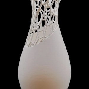 Peut inclure: Un vase décoratif blanc au design unique. La partie supérieure présente un motif en treillis géométrique ouvert, tandis que la partie inférieure est lisse. Le vase a une forme de goutte d'eau et se détache sur un fond noir.