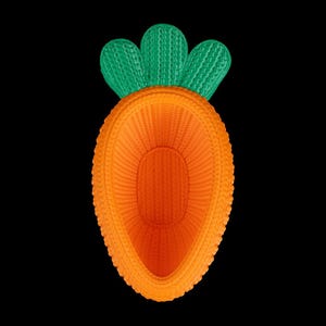 May include: An orange carrot-shaped basket with green leaves against a black background. The basket has a woven texture and a hollow interior. The leaves are a vibrant green color.