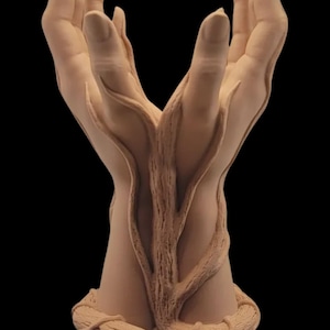 Peut inclure: Une sculpture de deux mains, paumes vers le haut, avec un motif en forme d'arbre. Les mains sont de couleur beige clair, avec des veines détaillées et un aspect texturé et organique. La base de la sculpture est également beige, avec une texture d'arbre. Le fond est noir.