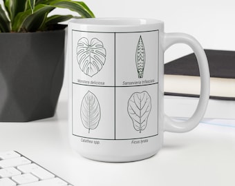 Houseplant Lover Mug | Botanical Grid Coffee Cup | Watercolor Leaf/Minimalist Line Art
