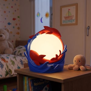 May include: A blue and red fish-themed night light with a round, glowing center. The lamp features two red fish and blue wave accents. A stuffed octopus sits on a wooden table next to the lamp.