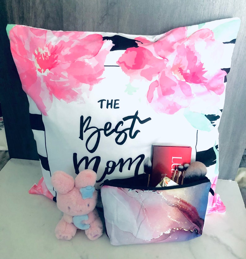 Mother's Day Gift Set Mother's Day Decor Pillow Case Square Lounge Pillow 8 Makeup Bag Bunny Keychain 17x17 Pillow Case image 1