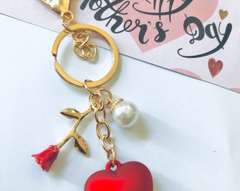 Mother's Day Keychain | Red Heart Keychain | Keychain with Rose and Faux Pearls| Mother's Day Giff