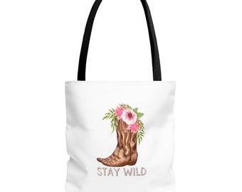 Bolso de mano con estampado floral Stay Wild, bolso de hombro de lona, regalo para amantes del campo