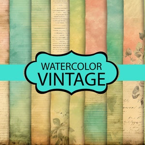 Può includere: Un set di 10 sfondi di carta digitale con trame ad acquerello in tonalità di verde, blu, giallo e marrone. Le carte hanno un aspetto vintage con linee e testo scritto a mano.