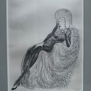 May include: Black and white line drawing of a woman with blonde hair sitting in a chair with a fluffy, feathery texture. The woman is wearing a long dress and has her hand on her chin. The drawing is signed "HARVEY"