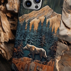 Wolf Carving Tough Phone Case: Nature-Inspired Wilderness Gift