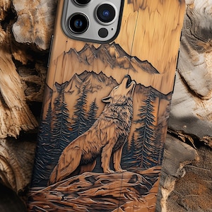 May include: A wooden phone case with a carved image of a wolf howling at the moon in a forest setting. The case has a brown wood grain finish and a black wolf silhouette.