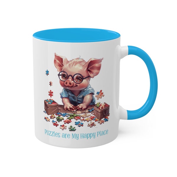 Jigsaw Puzzle Mug Cute Piggy Puzzler Lover Gift Idea Mom Her Grandma Puzzle Cozy Coffee Tea Cup Pet Animal Lover Collector Mug Puzzling