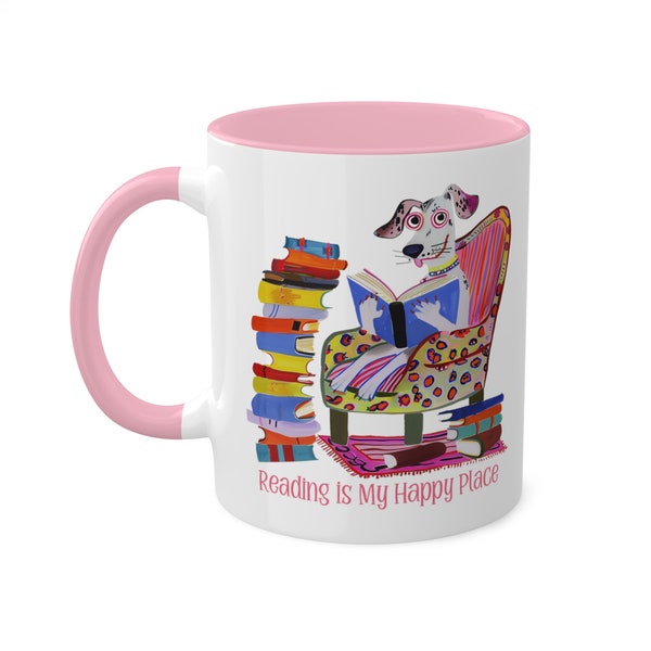 Reading Mug Dog Book Lover Gift Idea Mom Her Grandmother Reader Novel Coffee Tea Cup Colorful Animal Hobby Collector Bookstore Comfy Cozy
