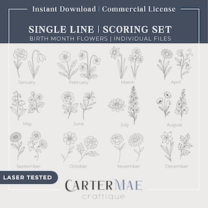 SCORING geboortemaand bloem SVG's | Laserscorebestand met twee bloemenopties per maand | Handgetekende botanische illustraties | Houten kinderkamercadeau