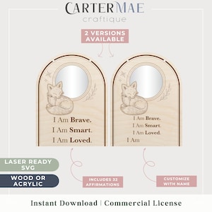 Renard affirmation miroir SVG | 32 phrases positives | 2 variantes - Standard et personnalisée | Prêt pour le laser | Enseigne de chambre d'enfant bohème Woodland