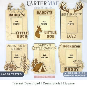 May include: Six different wood picture frames with laser-cut designs. The frames are for 2x3 photos and have various themes, including "Daddy's Little Buck", "Daddy's Little Doe", "Best Buckin' Dad", "Ridin' With Daddy", "Daddy's Little Camper", and "Hooked On Daddy".
