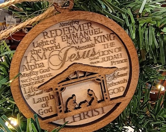 Nativity Christmas Ornament with Names of God Laser Engraved Wooden Nativity Ornament Layered Wooden Nativity Ornament Manger Scene Ornament