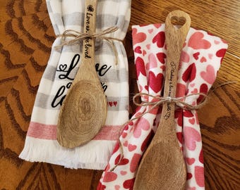 Engraved Mango Wood Spoon & Kitchen Towel Gift Set - Housewarming