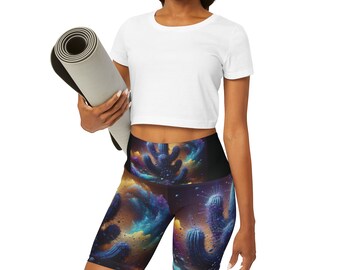 Pantalones cortos de yoga de cintura alta Galaxy Cactus, ropa atlética de verano, pantalones cortos de fitness multiusos
