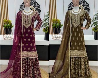 Introducing our latest designer party wear ensemble featuring a fancy top, dupatta, and fully stitched gharara.
