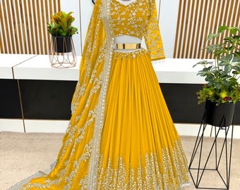 New Blue and yellow wedding lehenga choli with full heavy embroidery sequence work for women and girls