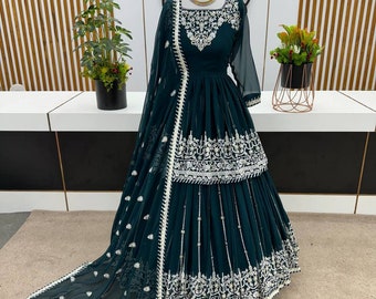 Fancy designer Rama color Top with lehenga and Dupatta for women and girls in gorgeous look