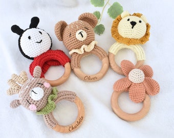 Personalized Baby Rattle Baby Shower Toy Wooden Baby Rattle crochet animal Montessori Toy new arrival Gift baby basket new mom gift for baby