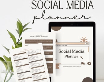 May include: A digital tablet displaying a social media planner with the text "Social Media Planner" and a brown and white graphic design. The tablet is on a white surface with a plant in a glass vase.