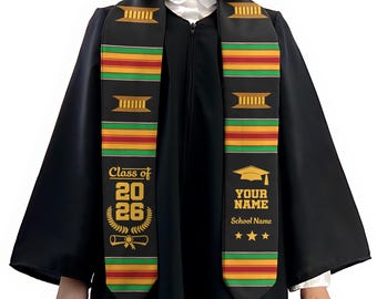 Personalized African American Graduation Stole, Kente Pattern Sash, Class of 2026 Kente Graduation Stole, African Graduation Gift Uha2026