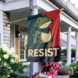 May include: A decorative outdoor flag featuring a cartoon frog with a blue scarf. The flag is green, red, and black with the word "RESIST" in bold, gold letters. The flag is hanging on a wooden pole.