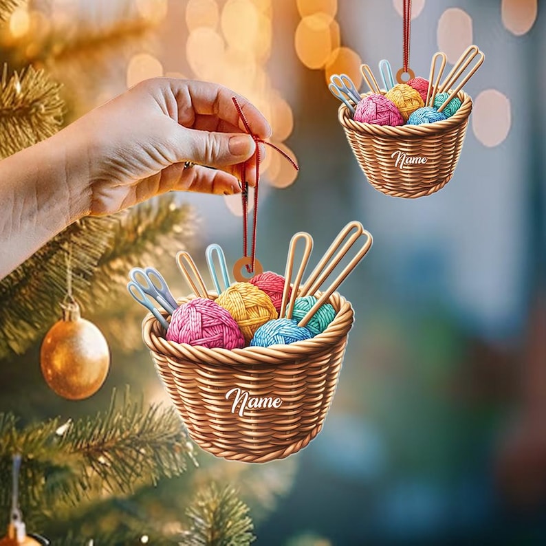 Personalized Knitting Basket Christmas Ornament, Knitting Christmas