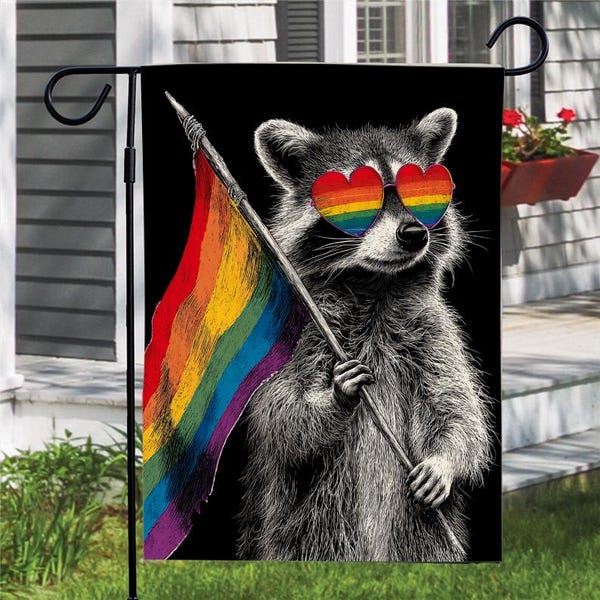 Raccoon LGBTQ Pride Garden Flag, Cute Animal Holding Rainbow Flag Decor, Inclusive Pride Month Raccoon Yard Art ID-0202-USJN