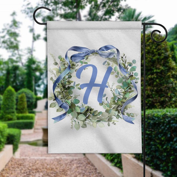 Personalized Blue Bow Wreath Double-sided Flag, Family Welcome Flag, Family Crest Flag, Initial Name Flag, Traditional Classic TD-0507-FGCF