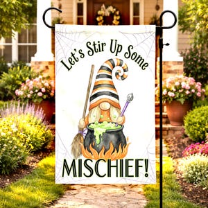Halloween Gnome Garden Flag Let's Stir Up Some Mischief Yard Sign Witch Cauldron Fall Decor Spooky Potion Trick or Treat Banner TD-0711-YGWW