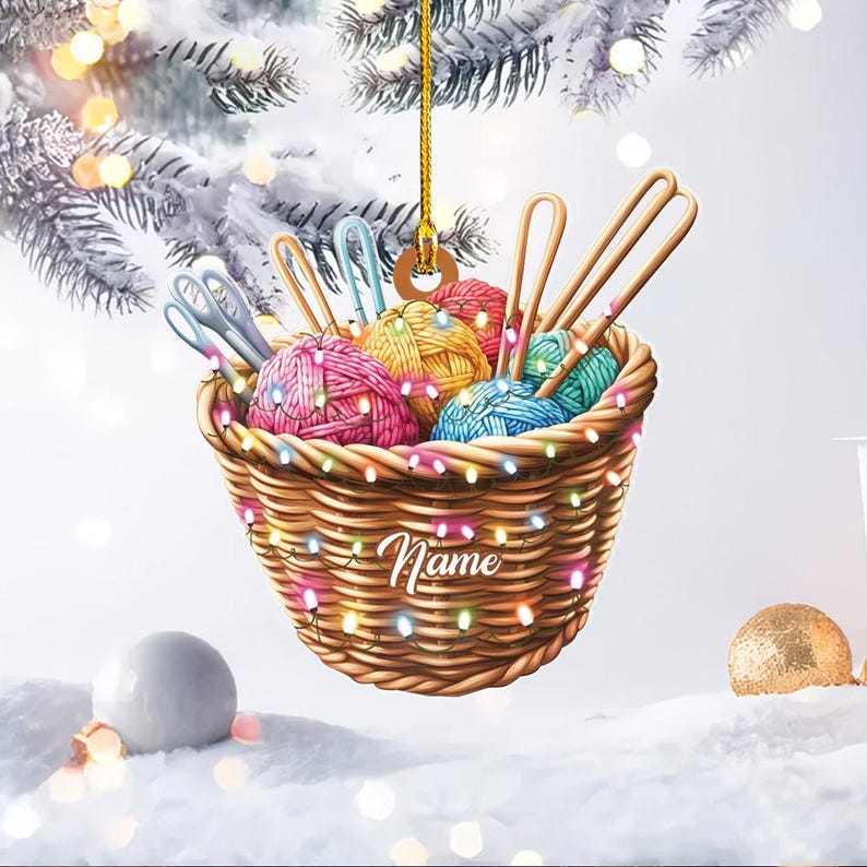 Personalized Knitting Basket Christmas Ornament, Knitting Christmas