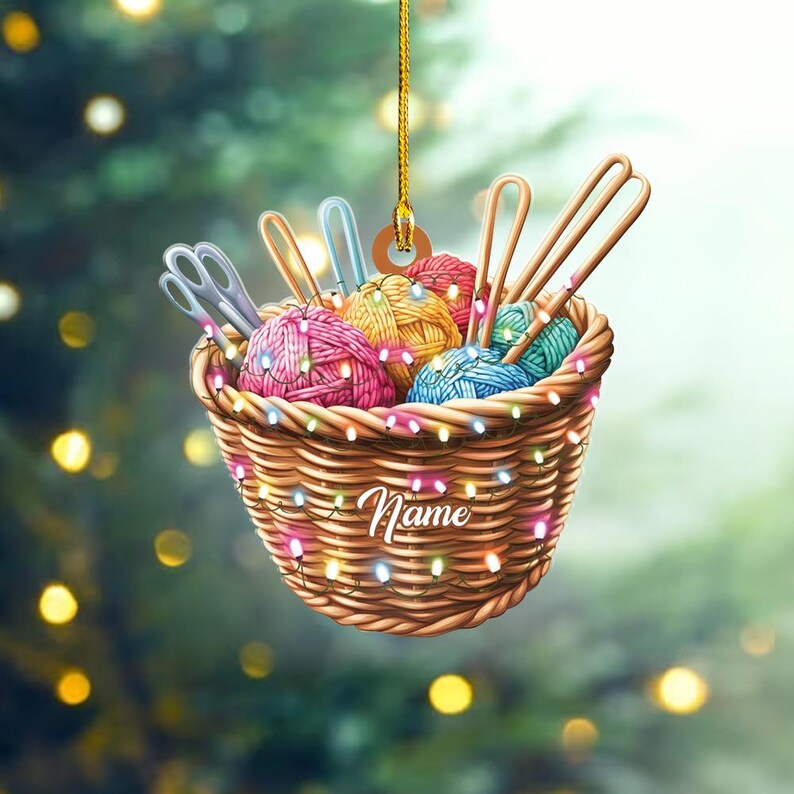 Personalized Knitting Basket Christmas Ornament, Knitting Christmas
