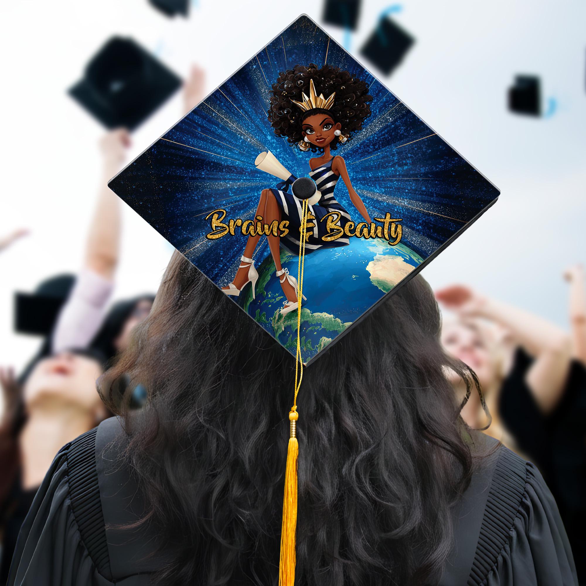 Discover Brains & Beauty African American Graduation Cap Topper, Black Girl Grad Cap Decoration, Black Queen Grad Gift