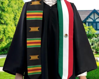 Personalized Half Kente Print and Half Nation/Flag Graduation Stoles/Sash, Class of 2025 stoles,Mixed Two Flag Graduation Stole ID-0411-FRBQ