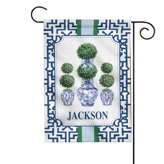 Personalized Chinoiserie Topiary Double-sided Flag, Preppy Blue