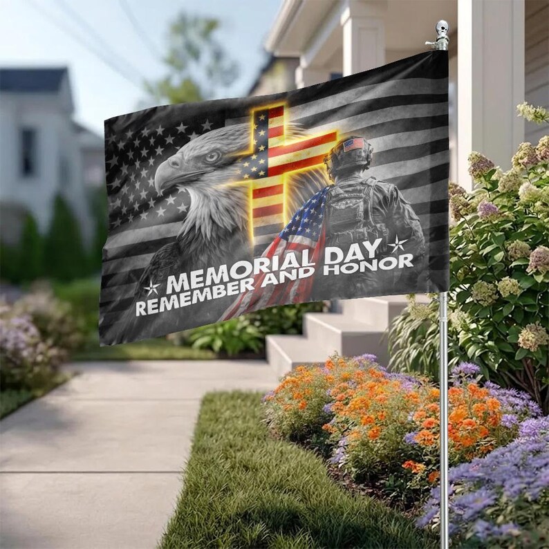 Memorial Day Remember and Honor Flag American Bald Eagle Glowing Cross ...