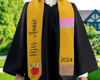 Personalized Teacher Stole, Custom Teacher Graduation Stole, Pencil Stole Graduation Class Of 2025, Teacher Graduation Sash TD-0419-5E6U