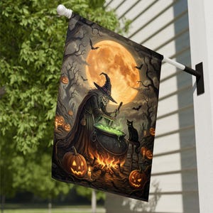 Creepy Witch Brewing Potion Cauldron Halloween Flag Spooky Full Moon Yard Decor Black Cat Fall Sign Outdoor Horror Lawn Banner TD-0709-BNLC