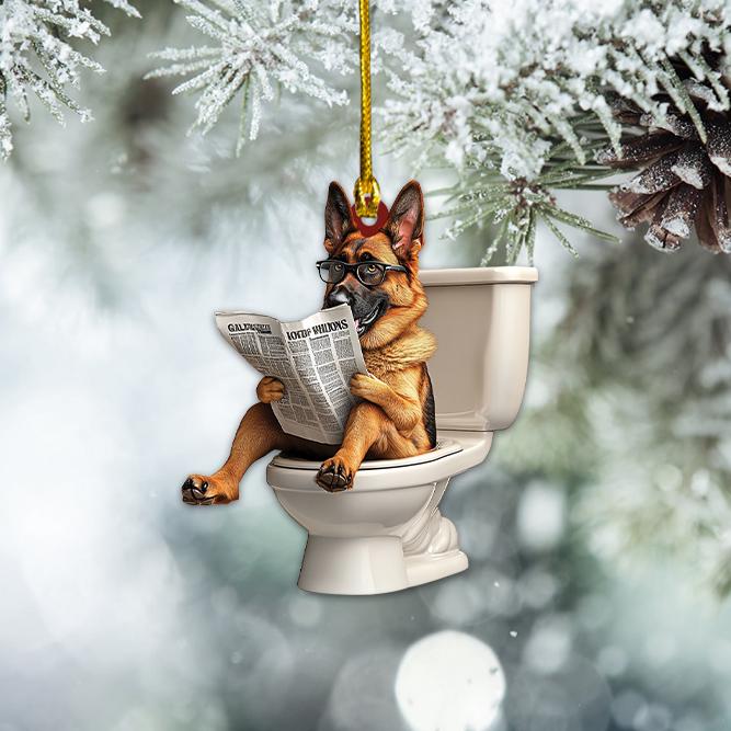 Discover German Shepherd Dog Sitting On Toilet Ornament, German Shepherd Dog Reading Newspaper Ornament, Dog Ornament Christmas Gift