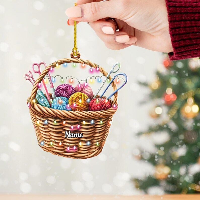Personalized Knitting Basket Christmas Ornament, Knitting Christmas