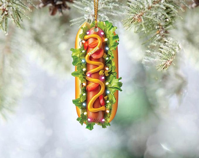 Personalized Hotdog Ornament, Hotdog Christmas Ornament, Fast Food Hotdog Shop Ornament Decor, Kitchen Holiday Ornament Gift TD-1112-7QTR
