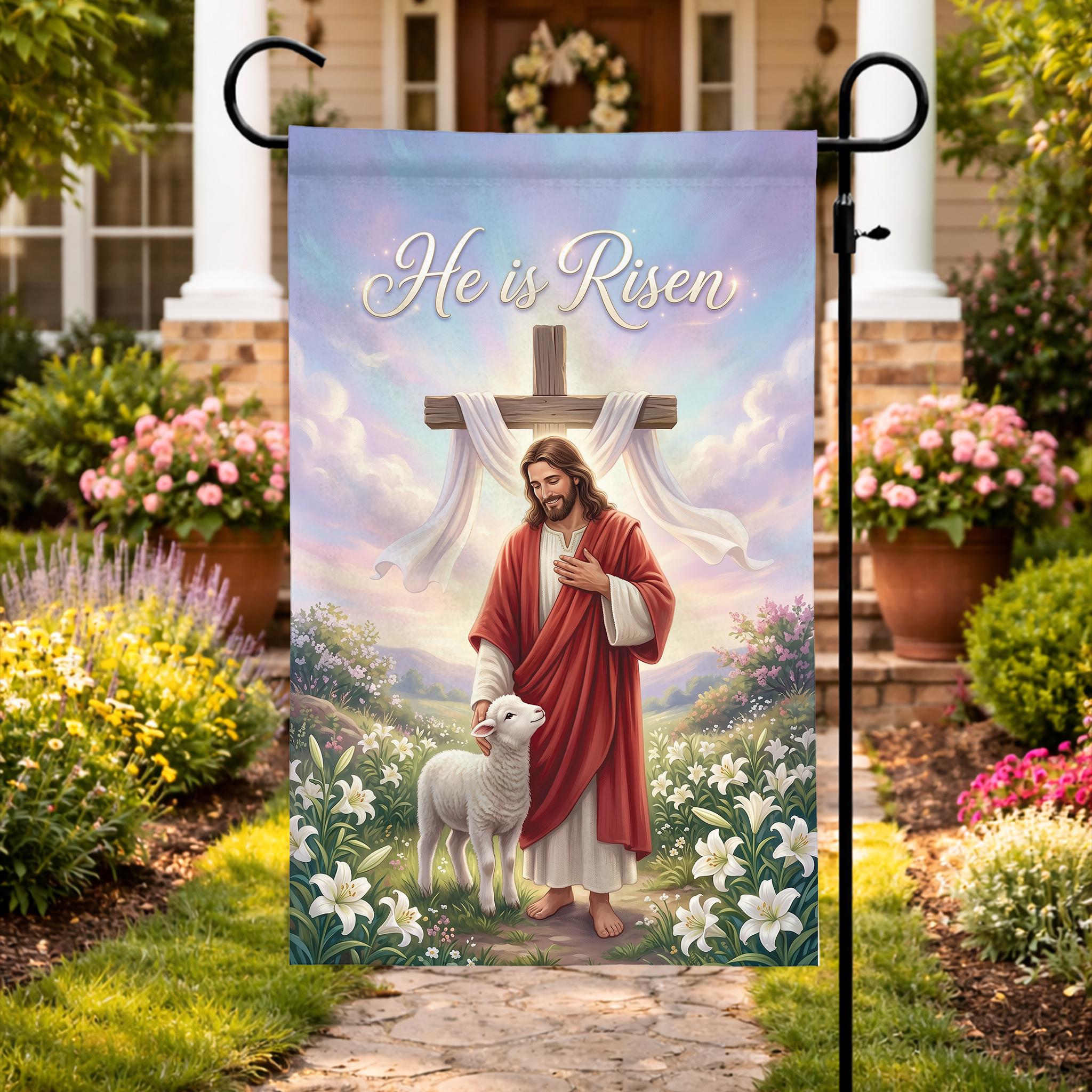 Easter Jesus Flag He is Risen Spring Yard Sign Religious Cross Flowers ...