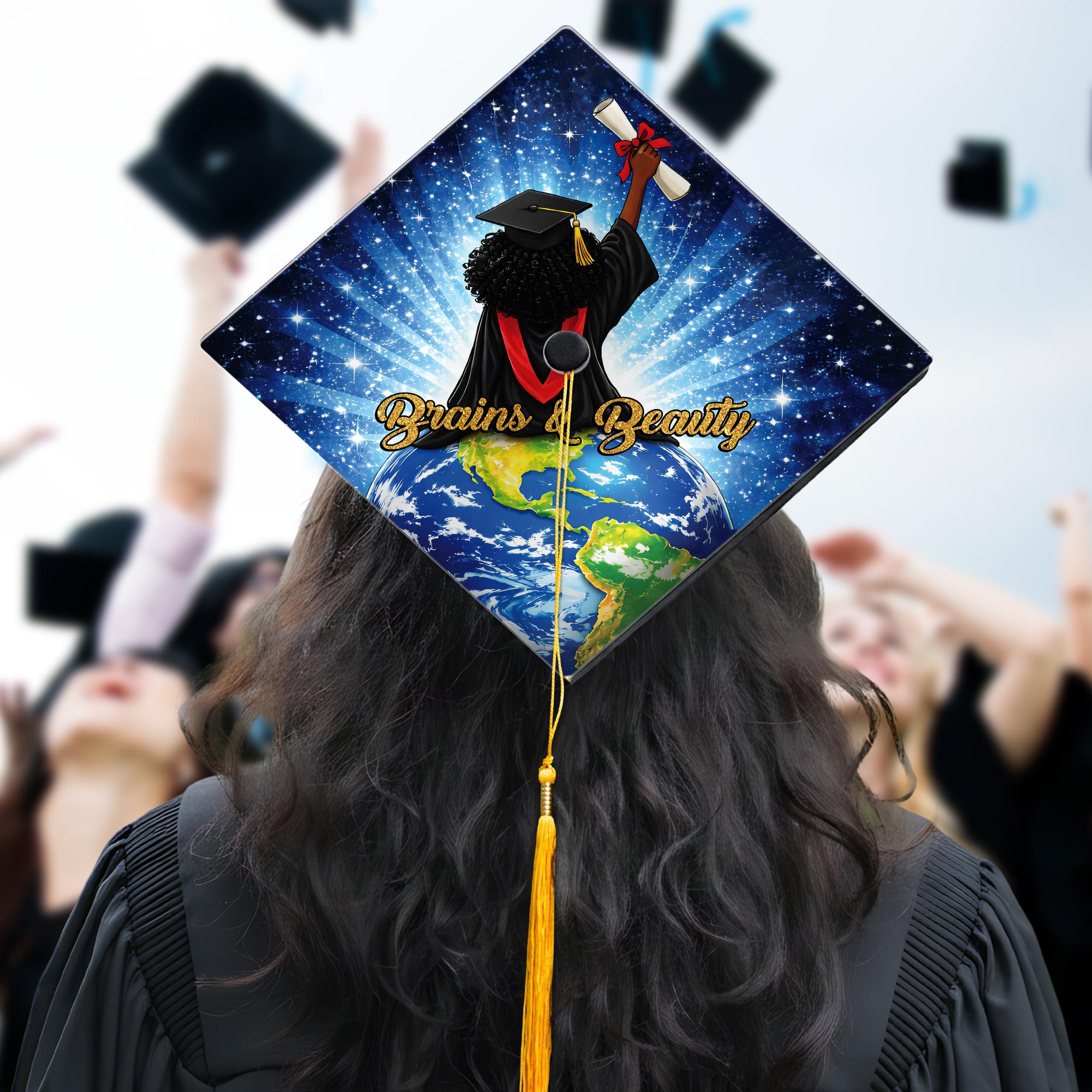 Discover Brains & Beauty African American Graduation Cap Topper, Black Girl Grad Cap Decoration, Black Queen Grad Gift