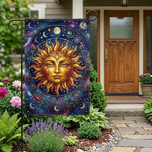 Celestial Sun And Moon Garden Flag Stained Glass Yard Banner Mystical Boho Outdoor Decor Spiritual Starry Night Art Witchy Home Gift Thfg185