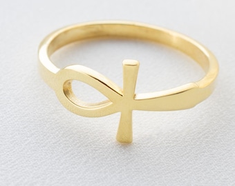 Solid Gold Ankh Ring: Egyptian Cross Jewelry, Handcrafted Gift